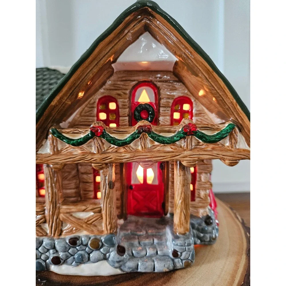 VTG 90's Welcome to Christmas in Vermont log lodge moosehead ceramic village